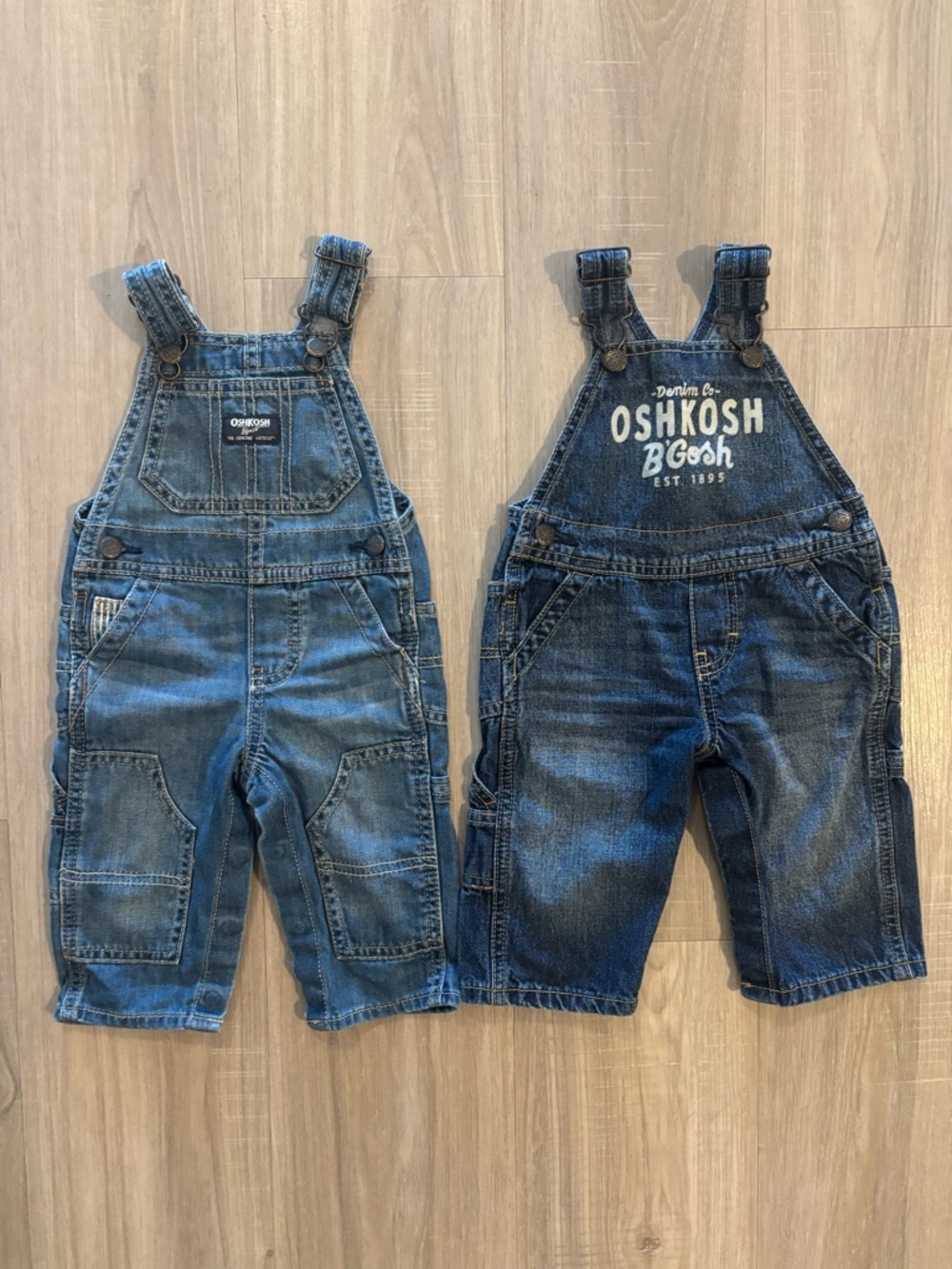 OshKosh B'gosh Twin Denim Overalls in Light and Dark Blue 6m Bundle